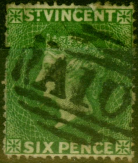 Old Postage Stamp from St Vincent 1862 6d Deep Yellow-Green SG2 Average Used