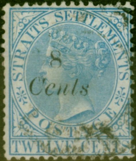 Rare Postage Stamp Straits Settlements 1884 8c on 12c Blue SG74 Good Used
