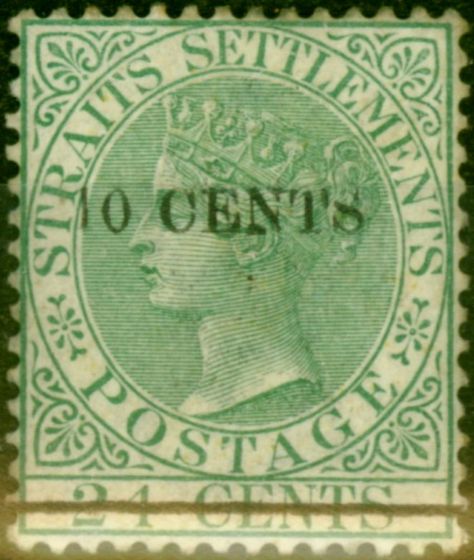 Valuable Postage Stamp from Straits Settlements 1891 10c on 24c Yellow-Green SG86a Narrow O Fine Mtd Mint