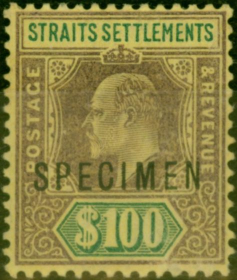 Rare Postage Stamp Straits Settlements 1903 $100 Purple & Green-Yellow Specimen SG122s Fine MNH