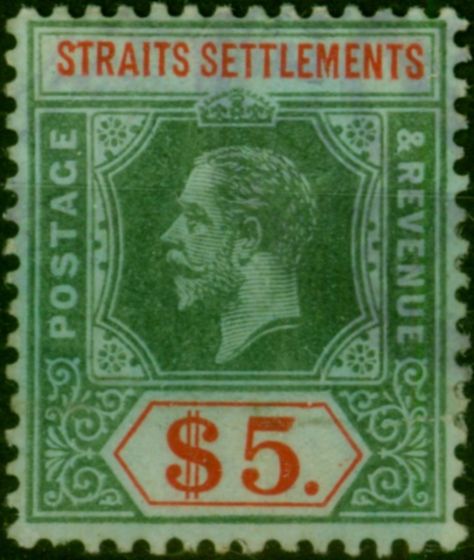 Straits Settlements 1918 $5 Olive Back SG212b Ave Used Creased . King George V (1910-1936) Used Stamps