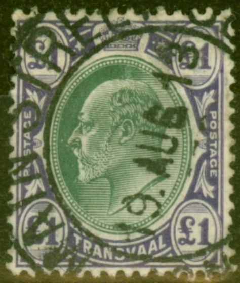 Rare Postage Stamp from Transvaal 1908 £1 Green and Violet SG272 Fine Used