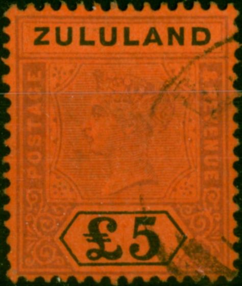 Rare Postage Stamp Zululand 1894 £5 Purple & Black-Red SG29 Fine Used