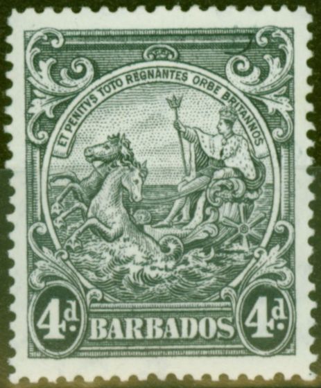 Rare Postage Stamp from Barbados 1938 4d Black SG253b Curved Line at Top Right V.F Lightly Mtd Mint