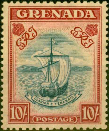 Valuable Postage Stamp from Grenada 1938 10s Steel Blue & Carmine SG163 Narrown P.12 x 13 Ave Mtd Mint
