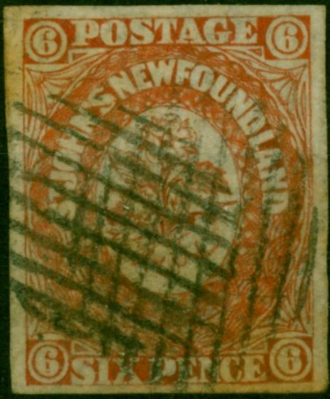 Newfoundland 1860 6d Orange-Vermilion SG14 Fine Used 4 Good Margins Grid Cancel . Queen Victoria (1840-1901) Used Stamps