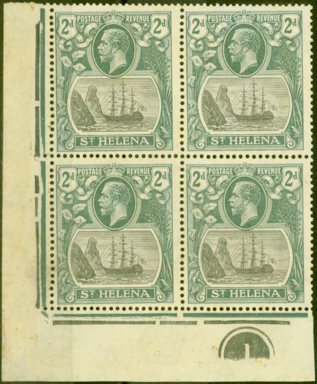 Rare Postage Stamp from St Helena 1923 2d Grey & Slate SG100c Cleft Rock in a Ave Lightly Mtd Mint Pl Corner Block of 4