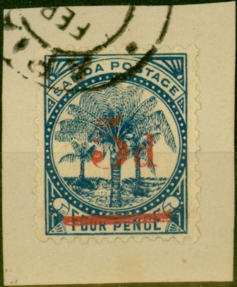 Valuable Postage Stamp Western Samoa 1893 5d on 4d Blue SG70 V.F.U on Piece