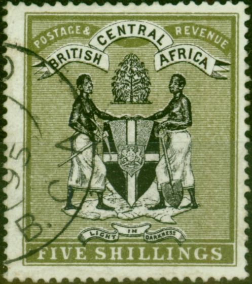 Rare Postage Stamp B.C.A Nyasaland 1895 5s Black & Olive SG28 V.F.U