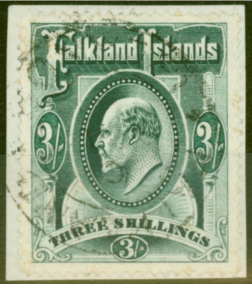 Old Postage Stamp from Falkland Islands 1904 3s Green SG49 V.F.U on Piece