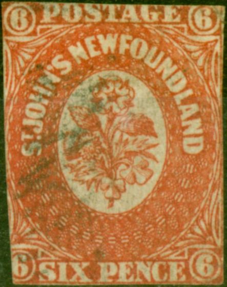 Valuable Postage Stamp from Newfoundland 1857 6d Scarlet-Vermilion SG6 Average Used Rare Stamp CV £4750