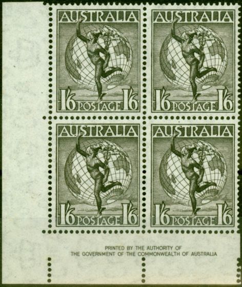 Old Postage Stamp from Australia 1949 1s6d Blackish Brown SG223a V.F MNH Imprint Block of 4