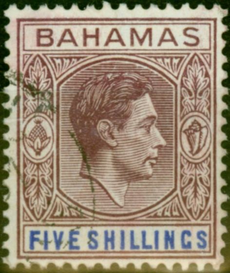 Old Postage Stamp Bahamas 1948 5s Brown-Purple & Deep Bright Blue SG156d Fine Used