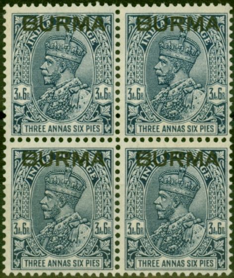 Collectible Postage Stamp from Burma 1937 3a6p Dull Blue SG8 Fine LMM & MNH Block of 4