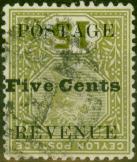 Old Postage Stamp from Ceylon 1890 5c on 15c Olive-Green SG233a Surch Inverted Fine Used
