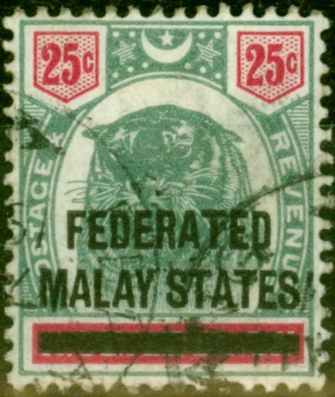 Rare Postage Stamp from Fed of Malay States 1900 25c Green & Carmine SG7 Fine Used