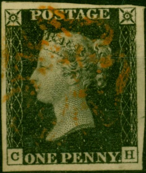 GB 1840 1d Penny Black SG2 Pl. 1b (C-H) Fine Used 4 Large Margins Orange MX . Queen Victoria (1840-1901) Used Stamps