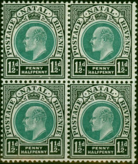 Valuable Postage Stamp Natal 1902 1 1/2d Green & Black SG129 V.F VLMM & MNH Block of 4
