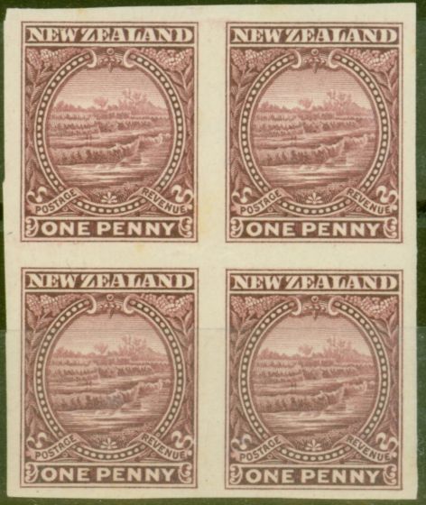 Collectible Postage Stamp from New Zealand 1900 1d Lake Imperf Plate Proof Block of 4 on Gummed Paper Fine & Fresh Mtd Mint