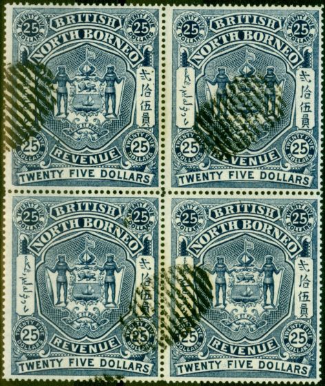 Valuable Postage Stamp from North Borneo 1888 $25 Indigo Revenue Block of 4 Very Fine Used C.T.O