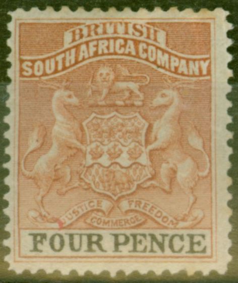 Old Postage Stamp from Rhodesia 1892 4d Chestnut & Black SG22 Fine Lightly Mtd Mint