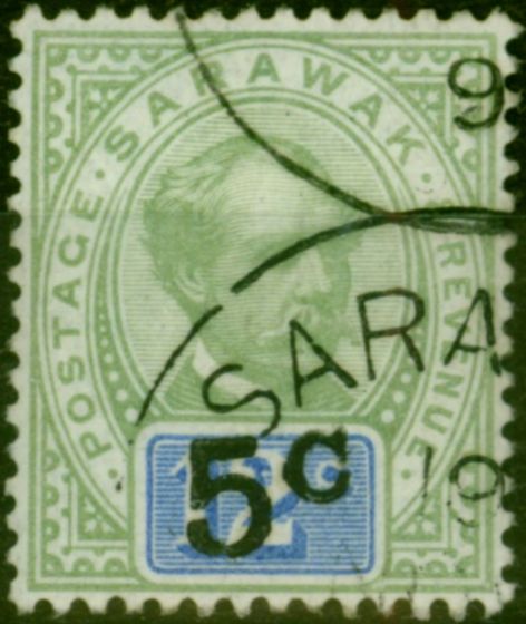 Rare Postage Stamp Sarawak 1891 5c on 12c Green & Blue SG26a No Stop Fine Used