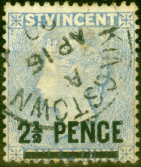 Old Postage Stamp from St Vincent 1889 2 1/2d on 1d Milky Blue SG49 Fine Used Stamp