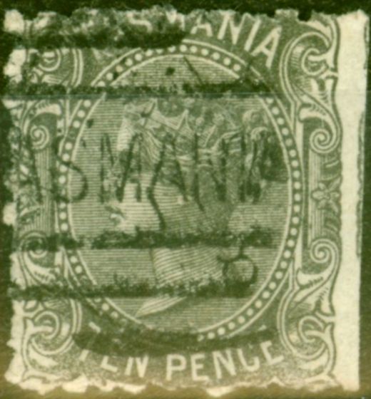 Old Postage Stamp from Tasmania 1871 10d Black SG134 P.11.5 Variety Imperf at Right Scarce