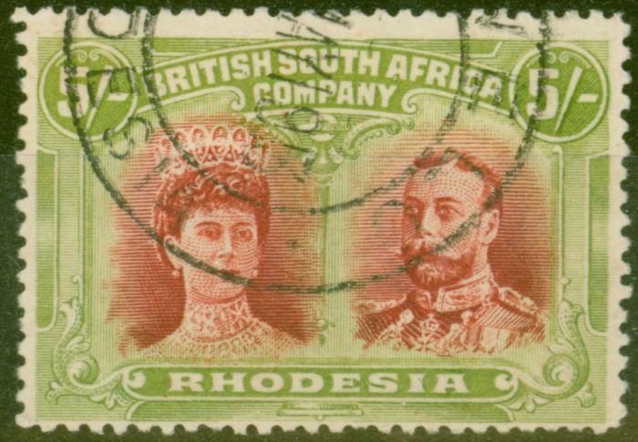 Old Postage Stamp from Rhodesia 1910 5s Crimson & Yellow-Green SG160a V.F.U