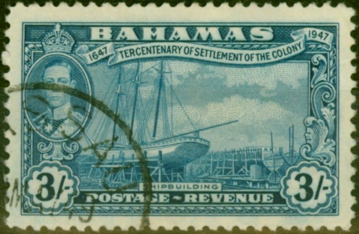 Old Postage Stamp from Bahamas 1948 3s Blue SG190 V.F.U