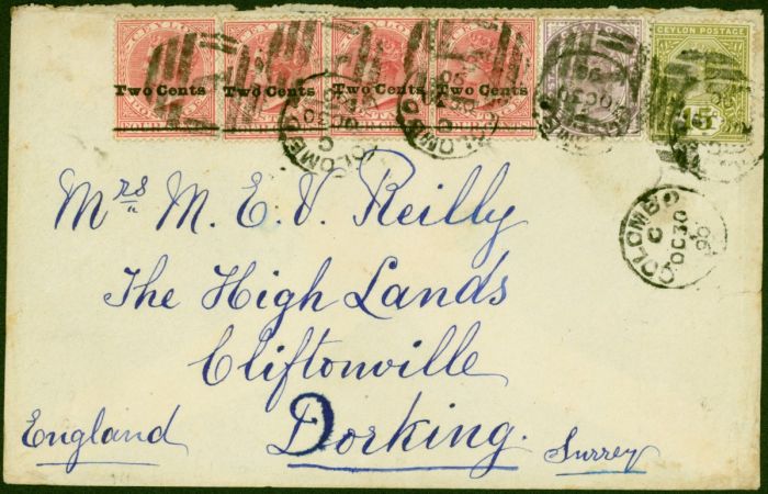 Ceylon 1890 Cover to Dorking Bearing SG03 x 4, SG195 & SG196 Fine & Attractive  Queen Victoria (1840-1901) Valuable Stamps