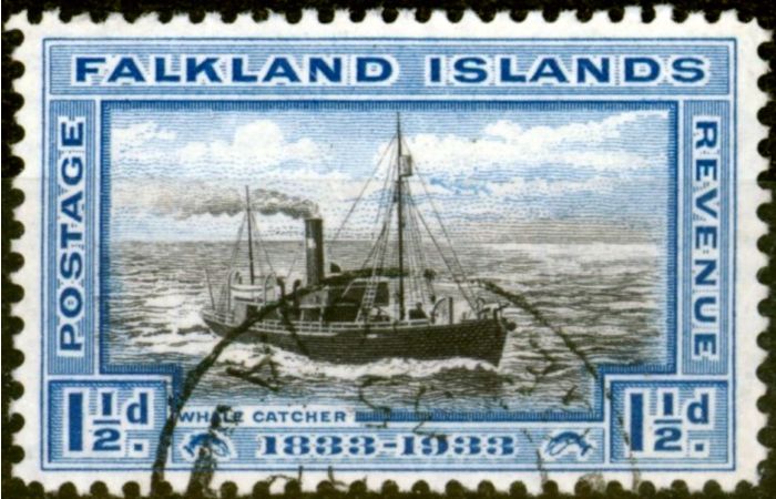 Valuable Postage Stamp from Falkland Islands 1933 1 1/2d Black & Blue SG129a Break in Clouds V.F.U