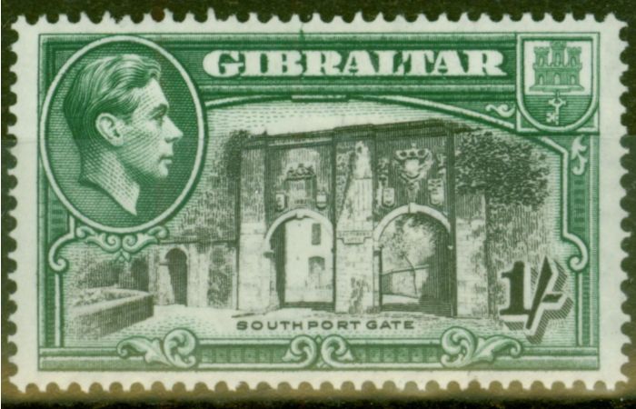Rare Postage Stamp from Gibraltar 1938 1s Black & Green SG127 P.14 Fine Lightly Mtd Mint