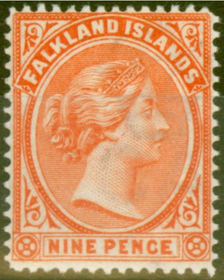 Rare Postage Stamp from Falkland Islands 1896 9d Pale Reddish Orange SG35 V.F Very Lightly Mtd Mint