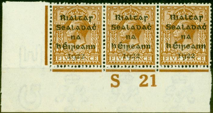 Collectible Postage Stamp from Ireland 1922 5d Yellow-Brown SG7 Very Fine MNH Control S21 Pl 4 Strip of 3