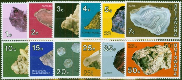 Old Postage Stamp Botswana 1976 Minerals New Currency Set of 12 to 50t SG367-378 V.F MNH