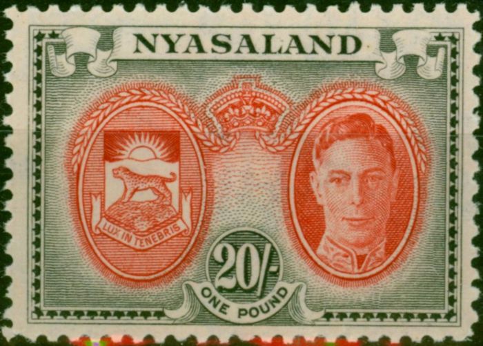 Old Postage Stamp Nyasaland 1945 20s Scarlet & Black SG157 V.F MNH