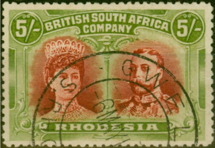 Valuable Postage Stamp Rhodesia 1910 5s Crimson & Yellow-Green SG160a V.F.U Stamp