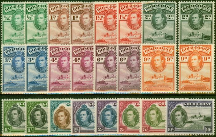 Old Postage Stamp Gold Coast 1938-43 Extended Set of 24 SG120-132 All Perfs Fine & Fresh MM CV £415+