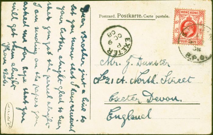 Rare Postage Stamp from Hong Kong 1908  Postcard to England Shanghai B.P.O Fine & Attractive