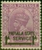 Old Postage Stamp from Patiala 1939 1a on 1a3p Mauve SG069w Wmk Inverted Fine Mtd Mint
