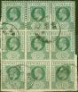 Old Postage Stamp from Seychelles 1903 3c Dull Green SG47a Dented Frame ina Fine Used Block of 9 on Small Piece