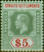 Rare Postage Stamp Straits Settlements 1918 $5 on Blue-Green Olive Back SG212b Fine & Fresh LMM