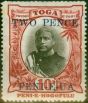 Collectible Postage Stamp Tonga 1923 2d on 10d Black & Lake SG66b 'Both O Small' Good MM