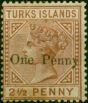 Turks Islands 1889 1d on 2 1/2d Red-Brown SG61 Ave MM  Queen Victoria (1840-1901) Collectible Stamps