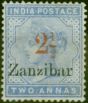 Rare Postage Stamp from Zanzibar 1896 2 1/2 on 2a Dull Blue SG27 Type 7 Fine & Fresh Unused