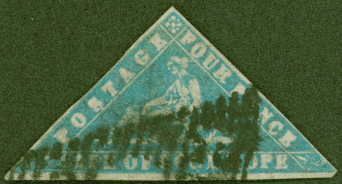 Rare Postage Stamp from Cape of Good Hope 1861 4d Pale Brt Blue Woodblock SG14bvar Break in Colour Fine Used