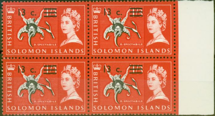 Rare Postage Stamp from Solomon Is 1966 13c on 1s3d Black & Rose-Red SG145B Superb MNH Block of 4