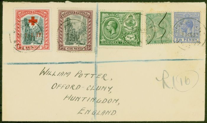 Rare Postage Stamp from Bahamas 1932 Combination Registered Cover to Huntingdon England Bearing