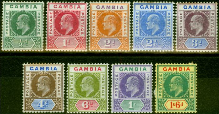 Collectible Postage Stamp from Gambia 1902-05 Set of 9 to 1s6d SG45-53 Good to Fine Mtd Mint